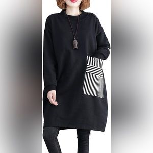 Ellazhu Black crewneck sweater with striped pocket and elbow patches.